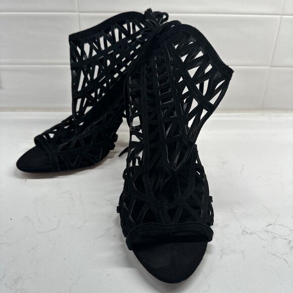 ZARA Basic Collection Black Laser Cut Out Heels Women's 8.5 Lace Up Back - Picture 1 of 13